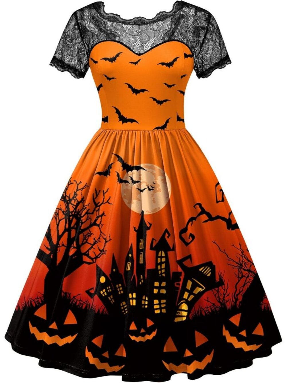 Women's Orange Bat Halloween Witch Swing Dress Lace A-Line Short Sleeve Costume